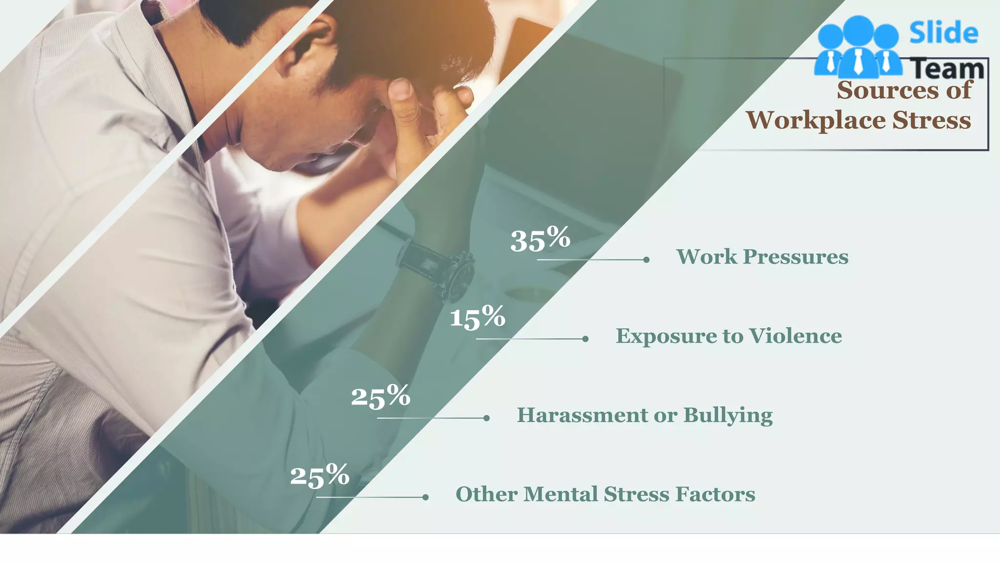 15
Sources of
Workplace Stress
35%
Work Pressures
15%
Exposure to Violence
25%
Harassment or Bullying
25%
Other Mental Stress Factors
 