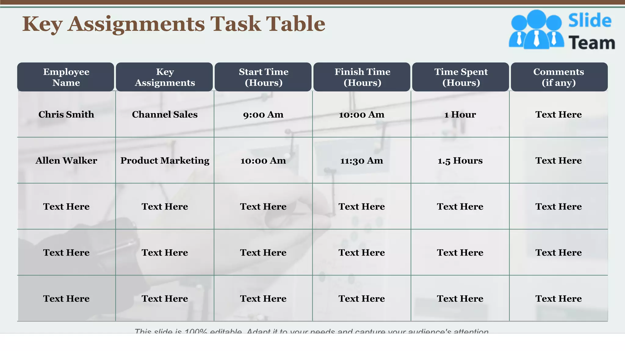 Key Assignments Task Table
24
Chris Smith Channel Sales 9:00 Am 10:00 Am 1 Hour Text Here
Allen Walker Product Marketing 10:00 Am 11:30 Am 1.5 Hours Text Here
Text Here Text Here Text Here Text Here Text Here Text Here
Text Here Text Here Text Here Text Here Text Here Text Here
Text Here Text Here Text Here Text Here Text Here Text Here
Employee
Name
Key
Assignments
Start Time
(Hours)
Finish Time
(Hours)
Time Spent
(Hours)
Comments
(if any)
This slide is 100% editable. Adapt it to your needs and capture your audience's attention.
 