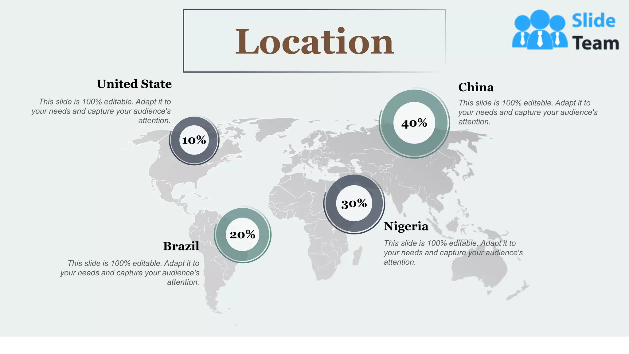 51
10%
20%
30%
40%
United State
This slide is 100% editable. Adapt it to
your needs and capture your audience's
attention.
Brazil
This slide is 100% editable. Adapt it to
your needs and capture your audience's
attention.
China
This slide is 100% editable. Adapt it to
your needs and capture your audience's
attention.
Nigeria
This slide is 100% editable. Adapt it to
your needs and capture your audience's
attention.
Location
 