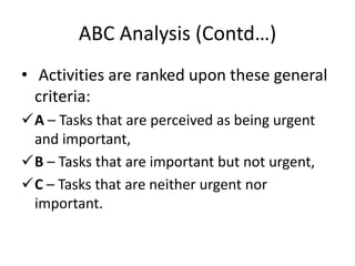ABC Analysis (Contd…)
• Activities are ranked upon these general
  criteria:
A – Tasks that are perceived as being urgent
 and important,
B – Tasks that are important but not urgent,
C – Tasks that are neither urgent nor
 important.
 