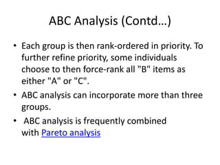 ABC Analysis (Contd…)
• Each group is then rank-ordered in priority. To
  further refine priority, some individuals
  choose to then force-rank all "B" items as
  either "A" or "C".
• ABC analysis can incorporate more than three
  groups.
• ABC analysis is frequently combined
  with Pareto analysis
 