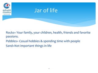 Rocks= Your family, your children, health, friends and favorite
passions.
Pebbles= Casual hobbies & spending time with people
Sand=Not important things in life
11
Jar of life
 