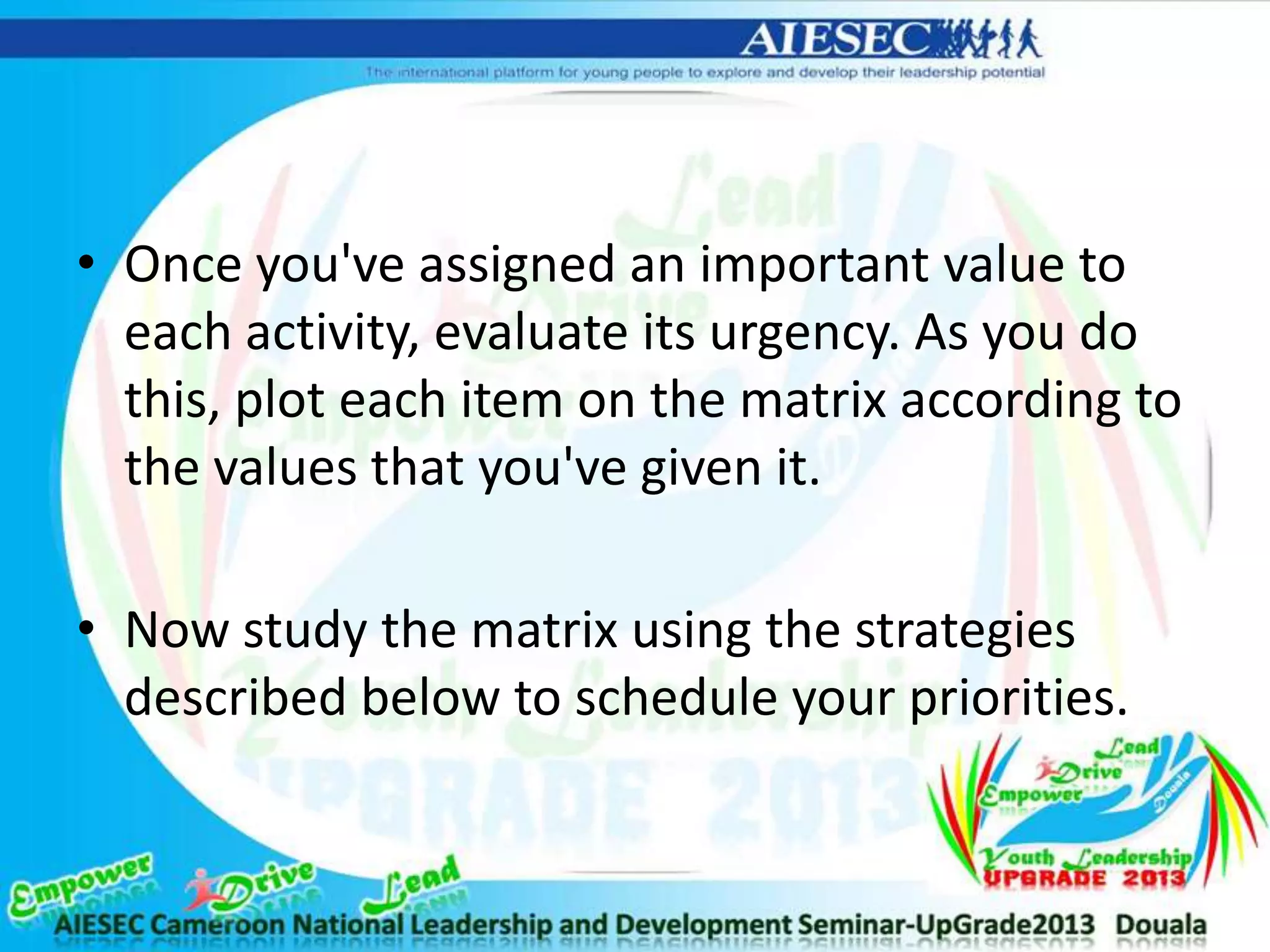 • Once you've assigned an important value to
each activity, evaluate its urgency. As you do
this, plot each item on the matrix according to
the values that you've given it.
• Now study the matrix using the strategies
described below to schedule your priorities.
 