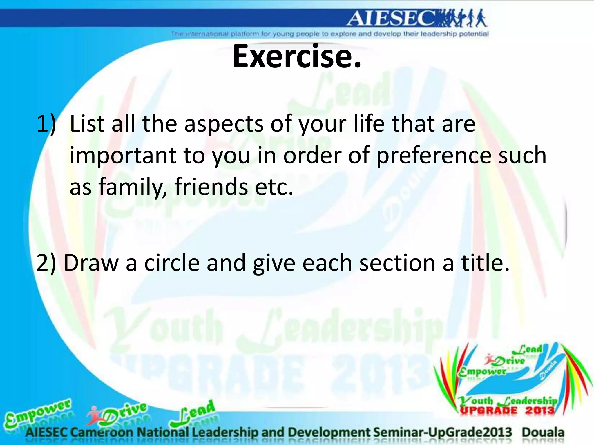 Exercise.
1) List all the aspects of your life that are
important to you in order of preference such
as family, friends etc.
2) Draw a circle and give each section a title.
 