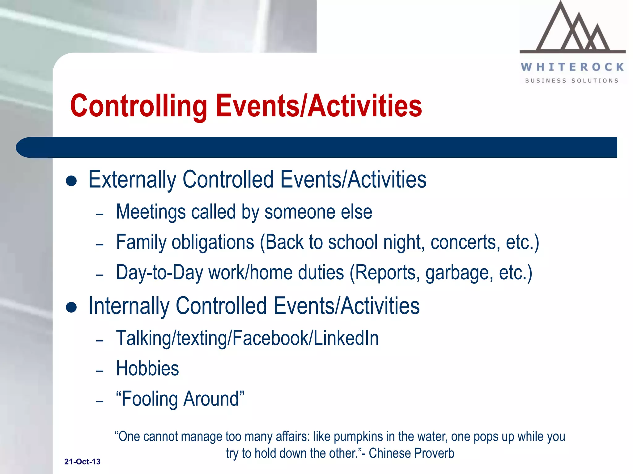 Controlling Events/Activities


Externally Controlled Events/Activities
–
–
–



Meetings called by someone else
Family obligations (Back to school night, concerts, etc.)
Day-to-Day work/home duties (Reports, garbage, etc.)

Internally Controlled Events/Activities
–
–
–

21-Oct-13

Talking/texting/Facebook/LinkedIn
Hobbies
“Fooling Around”
“One cannot manage too many affairs: like pumpkins in the water, one pops up while you
try to hold down the other.”- Chinese Proverb

 