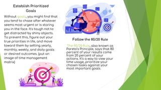 Without goals, you might find that
you tend to chase after whatever
seems most urgent or is staring
you in the face. It's tough not to
get distracted by shiny objects.
To prevent this, figure out your
true priorities in life, and move
toward them by setting yearly,
monthly, weekly, and daily goals
or desired outcomes. (put an
image of time management
matrix)
Establish Prioritized
Goals
The 80/20 Rule, also known as
Pareto’s Principle, says that 80
percent of your results come
from 20 percent of your
actions. It’s a way to view your
time usage, prioritize your
chosen tasks against your
most important goals.
Follow the 80/20 Rule
 