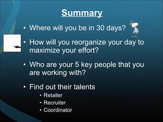 Summary Where will you be in 30 days? How will you reorganize your day to maximize your effort? Who are your 5 key people that you are working with? Find out their talents Retailer Recruiter Coordinator 