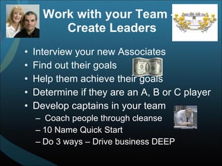 Work with your Team –  Create Leaders Interview your new Associates Find out their goals Help them achieve their goals Determine if they are an A, B or C player Develop captains in your team Coach people through cleanse 10 Name Quick Start Do 3 ways – Drive business DEEP 