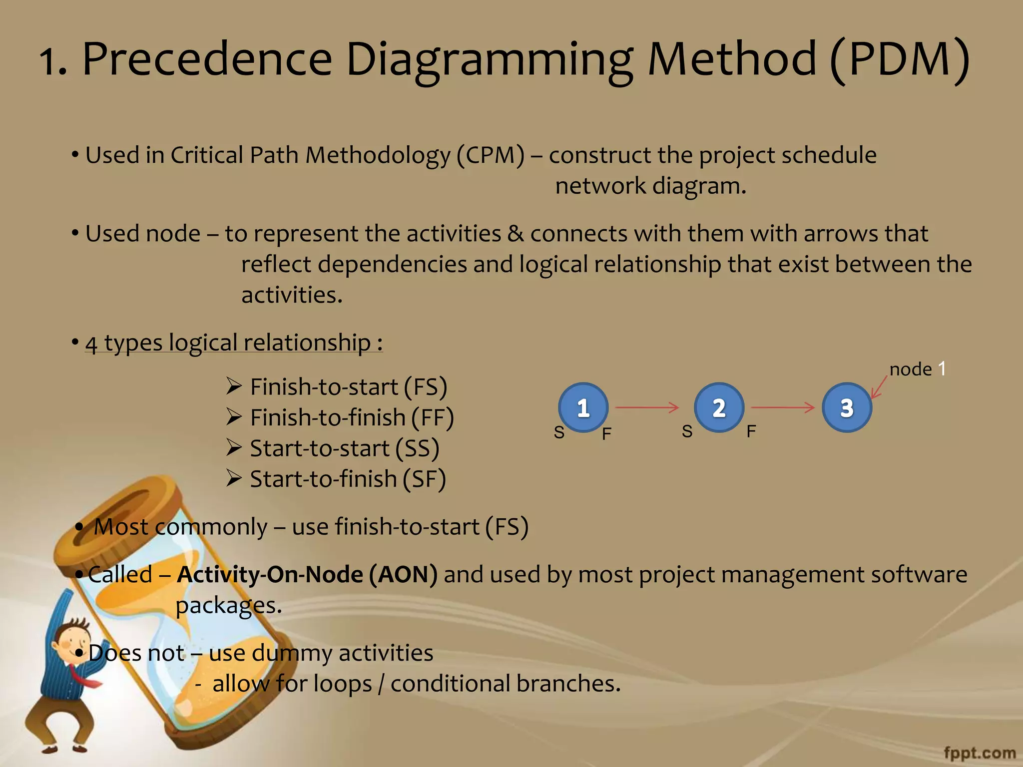 1. Precedence Diagramming Method (PDM)
 • Used in Critical Path Methodology (CPM) – construct the project schedule
                                              network diagram.
 • Used node – to represent the activities & connects with them with arrows that
                 reflect dependencies and logical relationship that exist between the
                 activities.
 • 4 types logical relationship :
                                                                              node 1
                 Finish-to-start (FS)
                 Finish-to-finish (FF)                  S     F
                                              S   F
                 Start-to-start (SS)
                 Start-to-finish (SF)
 • Most commonly – use finish-to-start (FS)
 •Called – Activity-On-Node (AON) and used by most project management software
           packages.
 •Does not – use dummy activities
           - allow for loops / conditional branches.
 