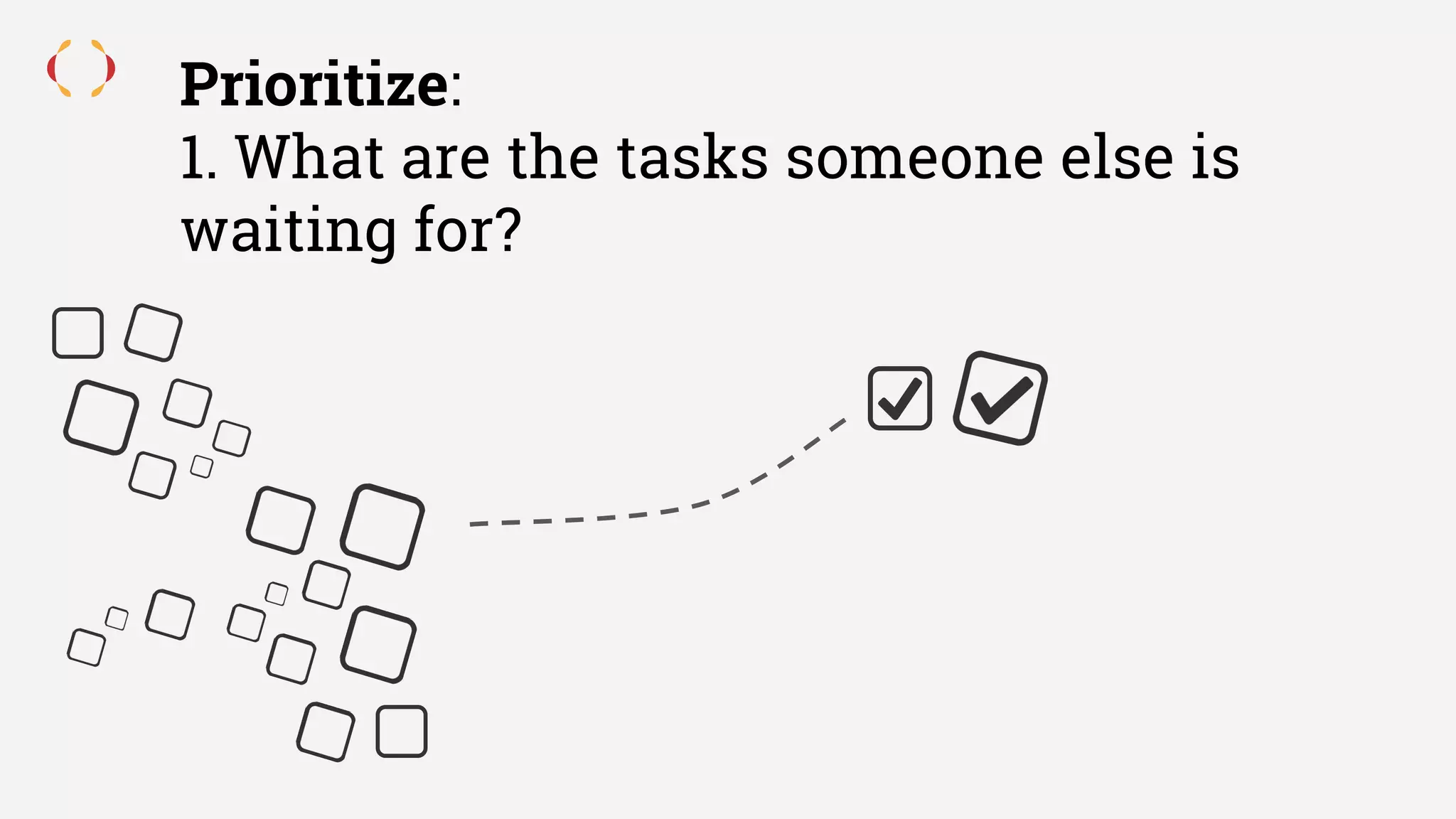 Prioritize:
1. What are the tasks someone else is
waiting for?
 