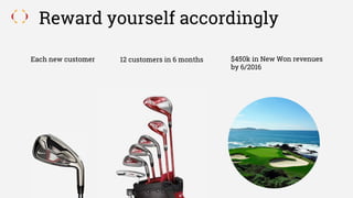 Reward yourself accordingly
Each new customer 12 customers in 6 months $450k in New Won revenues
by 6/2016
 