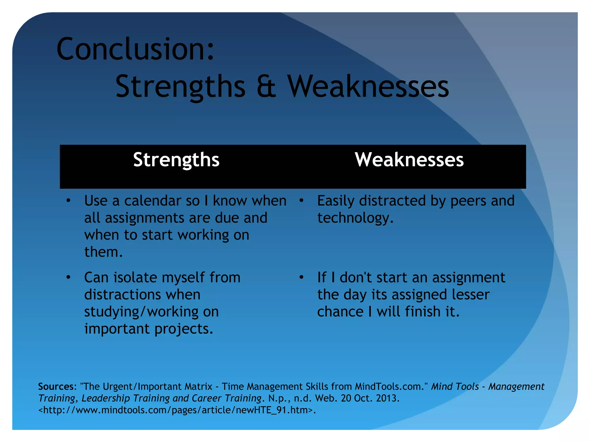 Conclusion:
Strengths & Weaknesses
Strengths

Weaknesses

• Use a calendar so I know when • Easily distracted by peers and
all assignments are due and
technology.
when to start working on
them.
• Can isolate myself from
distractions when
studying/working on
important projects.

• If I don't start an assignment
the day its assigned lesser
chance I will finish it.

Sources: "The Urgent/Important Matrix - Time Management Skills from MindTools.com." Mind Tools - Management
Training, Leadership Training and Career Training. N.p., n.d. Web. 20 Oct. 2013.
<http://www.mindtools.com/pages/article/newHTE_91.htm>.

 