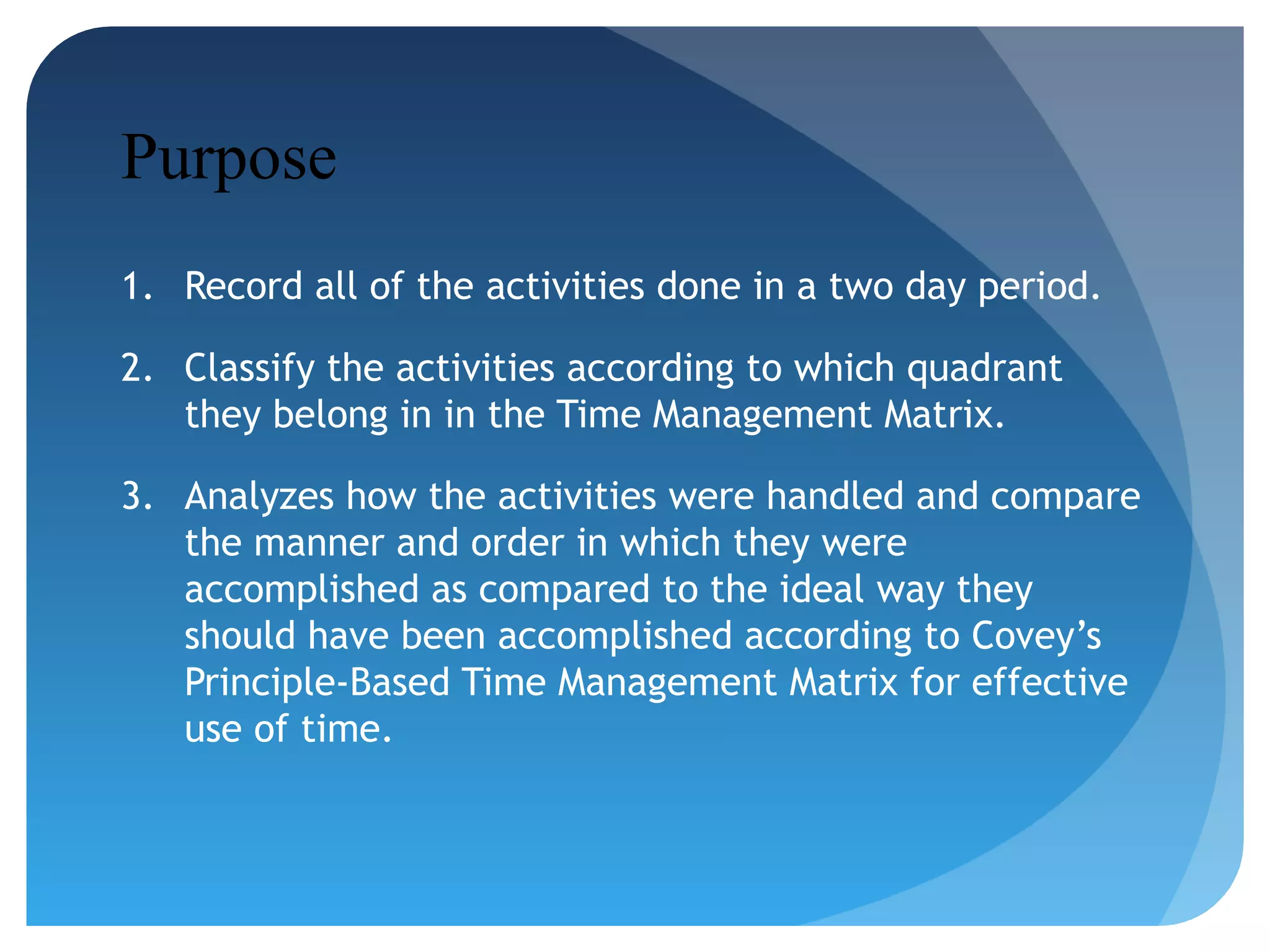 Purpose
1. Record all of the activities done in a two day period.
2. Classify the activities according to which quadrant
they belong in in the Time Management Matrix.
3. Analyzes how the activities were handled and compare
the manner and order in which they were
accomplished as compared to the ideal way they
should have been accomplished according to Covey’s
Principle-Based Time Management Matrix for effective
use of time.

 