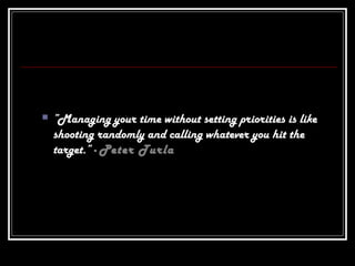  ”Managing your time without setting priorities is like
shooting randomly and calling whatever you hit the
target.” - Peter Turla
 