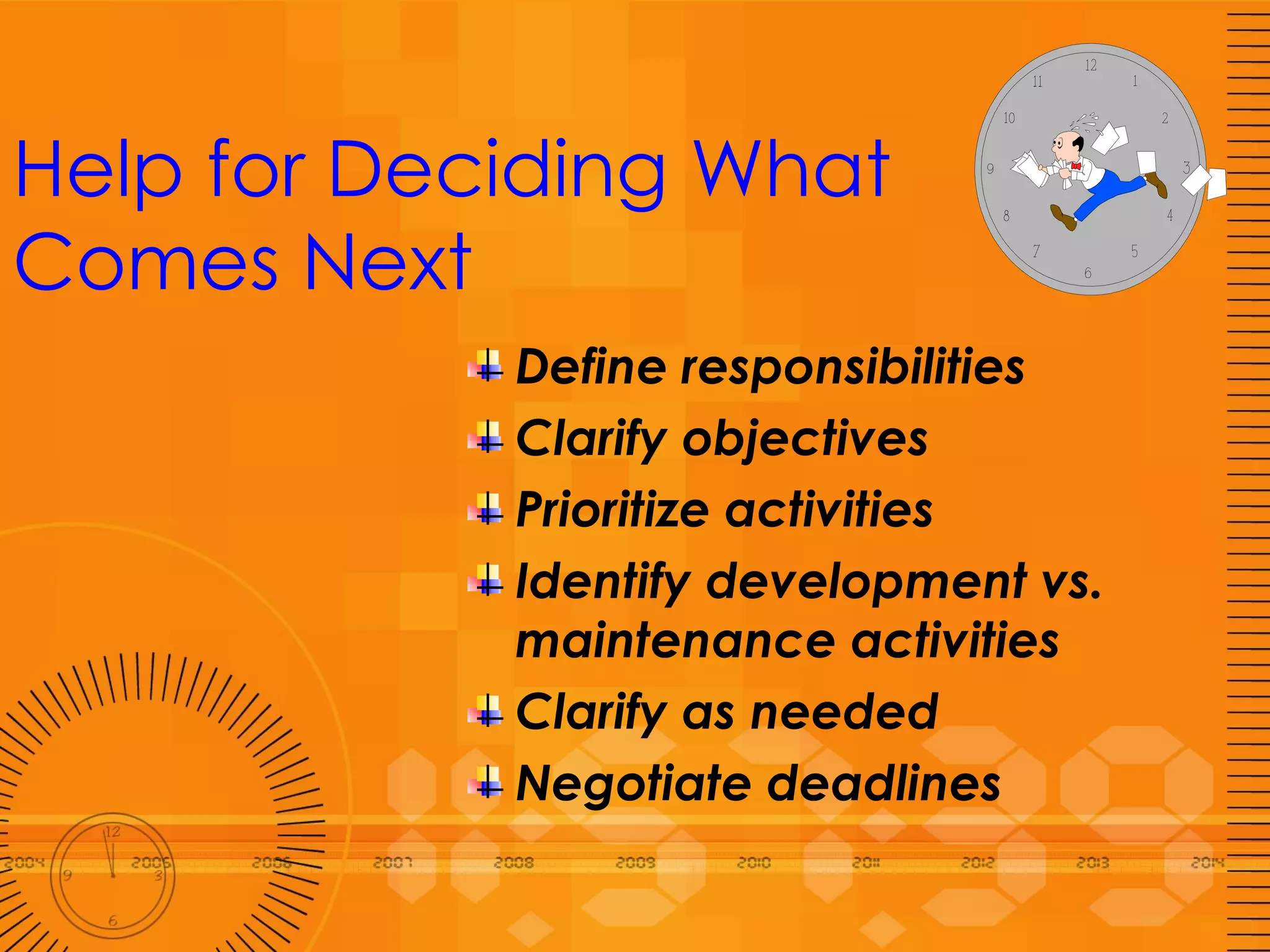 Help for Deciding What Comes Next Define responsibilities Clarify objectives Prioritize activities Identify development vs. maintenance activities Clarify as needed Negotiate deadlines 