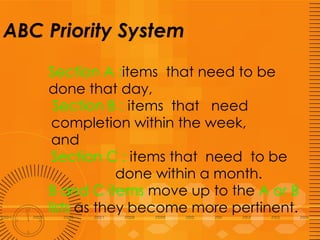 ABC Priority System Section A : items  that need to be done that day,   Section B :  items  that  need  completion within ...