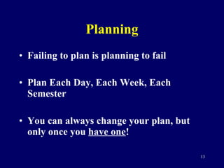 Planning Failing to plan is planning to fail Plan Each Day, Each Week, Each Semester You can always change your plan, but only once you  have one ! 