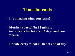 Time Journals It’s amazing what you learn! Monitor yourself in 15 minute increments for between 3 days and two weeks. Update every ½ hour:  not at end of day 