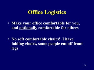 Office Logistics Make your office comfortable for you, and  optionally  comfortable for others No soft comfortable chairs!  I have folding chairs, some people cut off front legs 