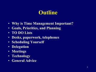 Outline Why is Time Management Important? Goals, Priorities, and Planning TO DO Lists Desks, paperwork, telephones Scheduling Yourself Delegation Meetings Technology General Advice 