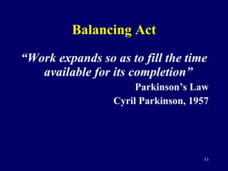 Balancing Act “ Work expands so as to fill the time available for its completion” Parkinson’s Law Cyril Parkinson, 1957 