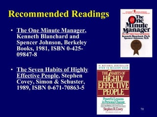 Recommended Readings The One Minute Manager , Kenneth Blanchard and Spencer Johnson, Berkeley Books, 1981, ISBN 0-425-09847-8 The Seven Habits of Highly Effective People , Stephen Covey, Simon & Schuster, 1989, ISBN 0-671-70863-5 