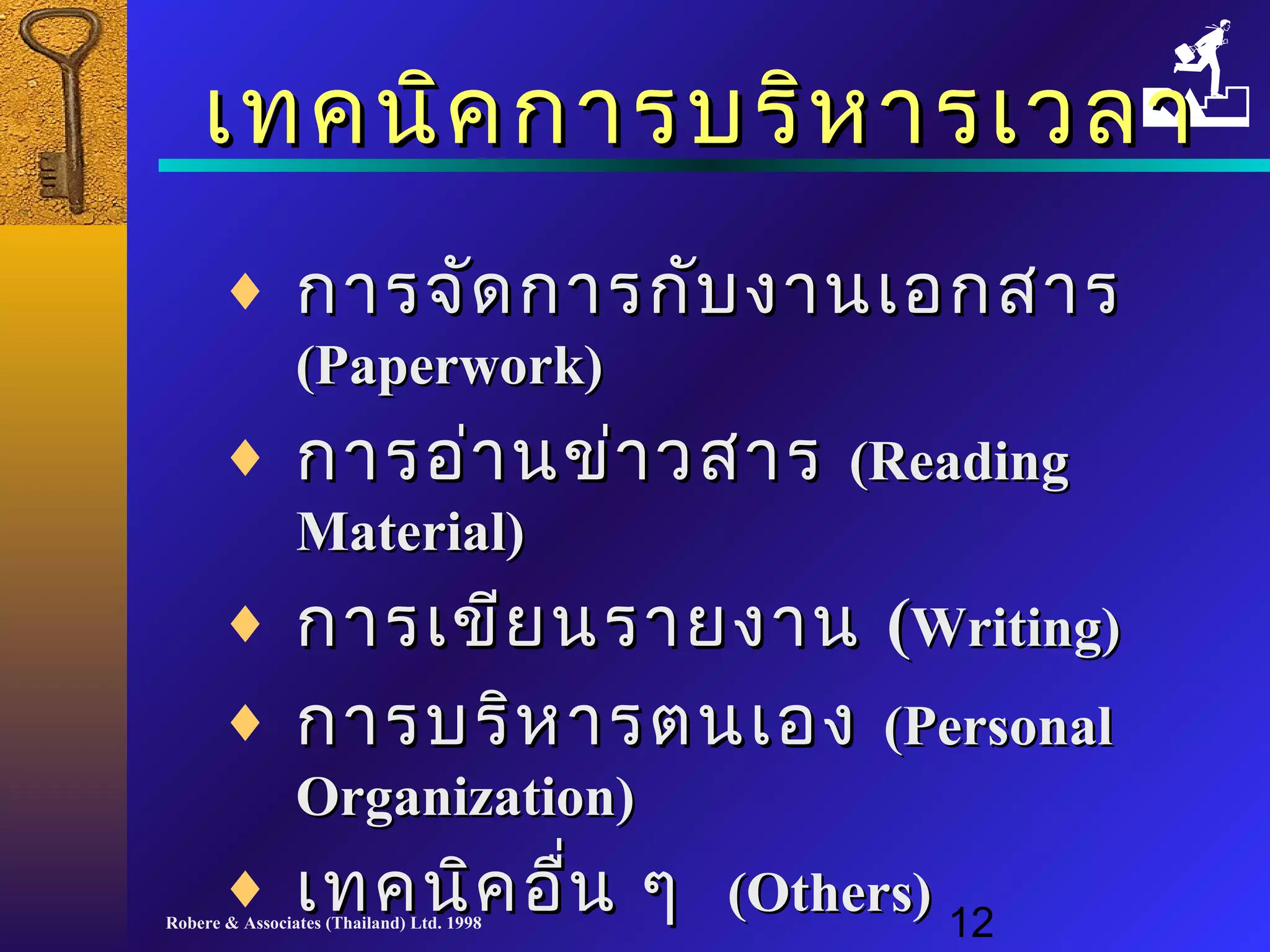 เเททคนนิคิคกกาารบรริหิหาารเเววลลาา 
¨ กกาารจจััดกกาารกกับับงงาานเเออกสสาาร 
((PPaappeerrwwoorrkk)) 
¨ กกาารออ่่าานขข่่าาวสสาาร ((RReeaaddiinngg 
MMaatteerriiaall)) 
¨ กกาารเเขขีียนรราายงงาาน ((WWrriittiinngg)) 
¨ กกาารบรริิหหาารตนเเออง ((PPeerrssoonnaall 
OOrrggaanniizzaattiioonn)) 
¨ เเททคนนิคิคออื่นื่น ๆๆ ((OOtthheerrss)) 
Robere & Associates (Thailand) Ltd. 1998 12 
 