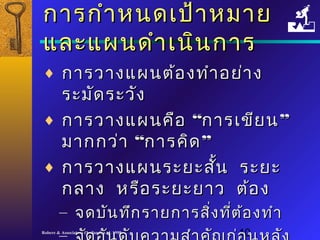 กกาารกกำาำาหนดเเปป้้าาหมมาาย 
แแลละะแแผผนดดำาำาเเนนินินกกาาร 
¨ กกาารววาางแแผผนตต้อ้องททำาำาอยย่่าาง 
รระะมมััดรระะววังัง 
¨ กกาารววาางแแผผนคคืือ ““กกาารเเขขีียน”” 
มมาากกวว่า่า ““กกาารคคิดิด”” 
¨ กกาารววาางแแผผนรระะยยะะสสั้นั้น รระะยยะะ 
กลลาาง หรรืือรระะยยะะยยาาว ตต้อ้อง 
– จดบบันันททึกึกรราายกกาารสสิ่งิ่งทที่ตี่ต้อ้องททำาำา 
– จจัดัดออันันดดับับคววาามสสำาำาคคััญกก่่อนหลลััง 
Robere & Associates (Thailand) Ltd. 1998 10 
 