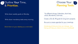 Choose Your
Planning Tools.
1 2Outline Your Time,
& Prioritize.
Try different things: Calendars, short lists,
excel, Wunderlist, Evernote.
Create a 30, 60, 90 goals for long term projects.
Be sure to create agendas for your meetings.
(Understand that priorities can change , but
listing will help you determine your workload)
Write down weekly goals on Monday
Write down mandatory tasks every morning.
(Stick them on your desktop as a reminder)
 