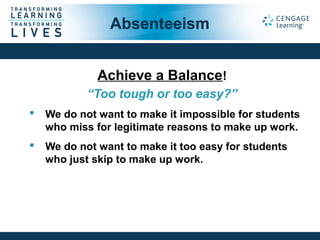 Achieve a Balance!
“Too tough or too easy?”
 We do not want to make it impossible for students
who miss for legitimate reasons to make up work.
 We do not want to make it too easy for students
who just skip to make up work.
Absenteeism
 