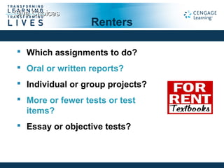 Give ChoicesGive Choices
 Which assignments to do?
 Oral or written reports?
 Individual or group projects?
 More or fewer tests or test
items?
 Essay or objective tests?
Renters
 