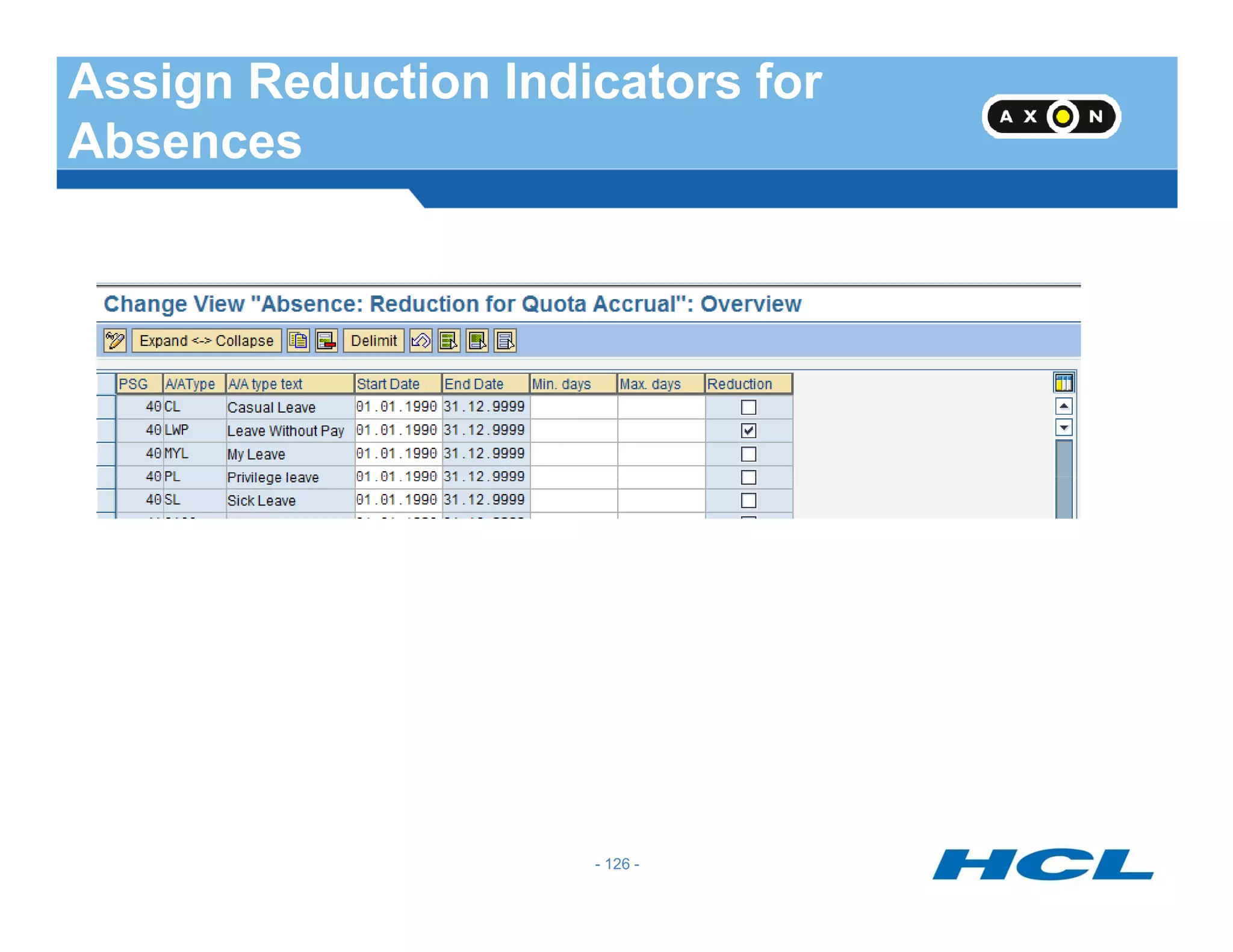 Assign Reduction Indicators for
Absences
- 126 -
 