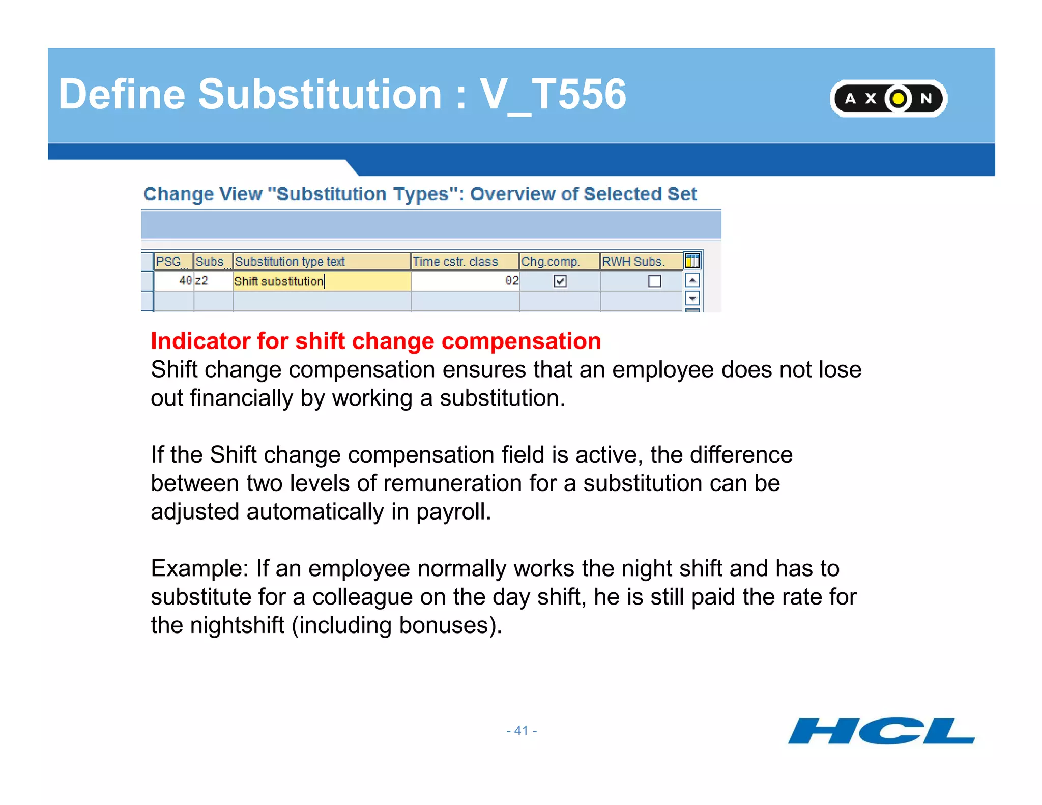 Define Substitution : V_T556
Indicator for shift change compensation
Shift change compensation ensures that an employee does not lose
out financially by working a substitution.
- 41 -
out financially by working a substitution.
If the Shift change compensation field is active, the difference
between two levels of remuneration for a substitution can be
adjusted automatically in payroll.
Example: If an employee normally works the night shift and has to
substitute for a colleague on the day shift, he is still paid the rate for
the nightshift (including bonuses).
 