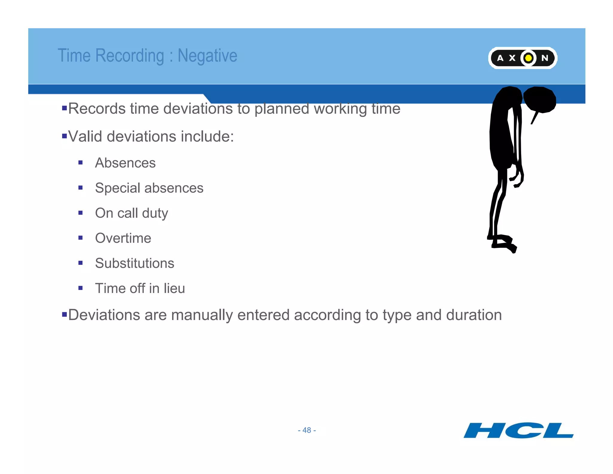 Records time deviations to planned working time
Valid deviations include:
Absences
Special absences
On call duty
Overtime
Time Recording : Negative
- 48 -
Overtime
Substitutions
Time off in lieu
Deviations are manually entered according to type and duration
- 48 -
 