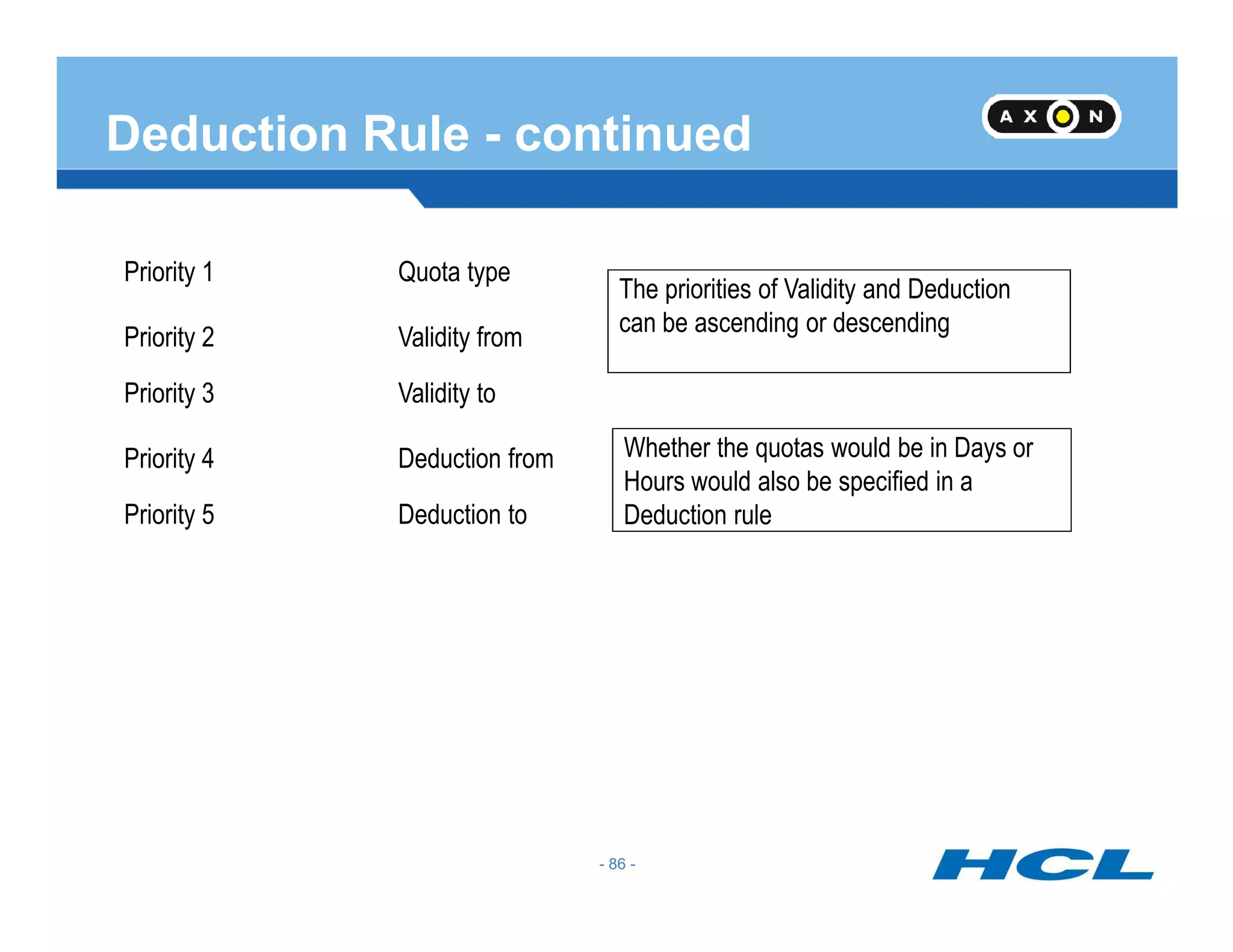 Deduction Rule - continued
Priority 1 Quota type
Priority 2
Priority 3
Priority 4
Validity from
Validity to
Deduction from
The priorities of Validity and Deduction
can be ascending or descending
Whether the quotas would be in Days or
Hours would also be specified in a
- 86 -
Priority 5 Deduction to
Hours would also be specified in a
Deduction rule
- 86 -
 