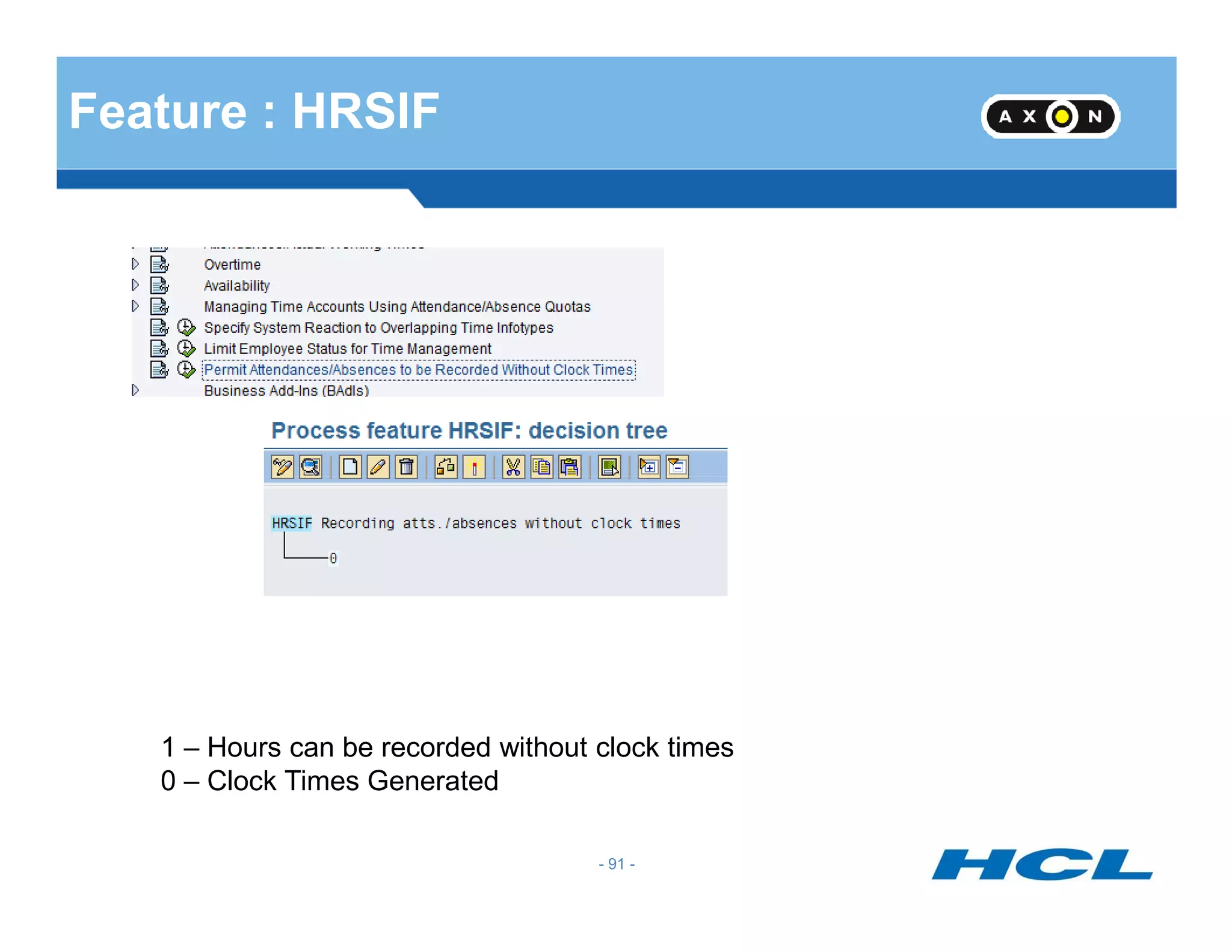 Feature : HRSIF
- 91 -
1 – Hours can be recorded without clock times
0 – Clock Times Generated
 