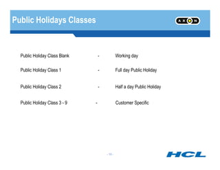 Public Holidays Classes
Public Holiday Class Blank - Working day
Public Holiday Class 1 - Full day Public Holiday
Public Holiday Class 2 - Half a day Public Holiday
- 10 -
Public Holiday Class 2 - Half a day Public Holiday
Public Holiday Class 3 - 9 - Customer Specific
 