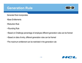Generation Rule
Generate Rule incorporates
•Base Entitlements
•Reduction Rule
• Rounding Rule
- 128 -
• Based on Challenge percentage of employee different generation rules can be framed
• Based on date of entry, different generation rules can be framed
•The maximum entitlement can be restricted in the generation rule
- 128 -
 