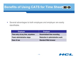 Benefits of Using CATS for Time Sheets
Several advantages to both employee and employer are easily
identifiable.
- 185 -
Employee Employer
Time entry at any time, anywhere Decentralized time recording
Fewer administrative steps Reduction in administrative work
Ease of use Standard Web browser
- 185 -
 