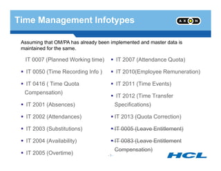 Time Management Infotypes
IT 0007 (Planned Working time)
IT 0050 (Time Recording Info )
IT 0416 ( Time Quota
IT 2007 (Attendance Quota)
IT 2010(Employee Remuneration)
IT 2011 (Time Events)
Assuming that OM/PA has already been implemented and master data is
maintained for the same.
- 3 -
IT 0416 ( Time Quota
Compensation)
IT 2001 (Absences)
IT 2002 (Attendances)
IT 2003 (Substitutions)
IT 2004 (Availability)
IT 2005 (Overtime)
IT 2011 (Time Events)
IT 2012 (Time Transfer
Specifications)
IT 2013 (Quota Correction)
IT 0005 (Leave Entitlement)
IT 0083 (Leave Entitlement
Compensation)
 