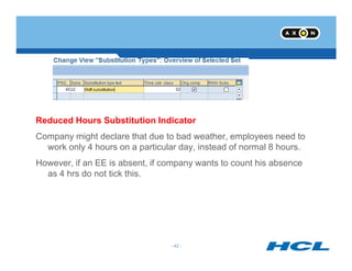 Reduced Hours Substitution Indicator
Company might declare that due to bad weather, employees need to
- 42 -
Company might declare that due to bad weather, employees need to
work only 4 hours on a particular day, instead of normal 8 hours.
However, if an EE is absent, if company wants to count his absence
as 4 hrs do not tick this.
 
