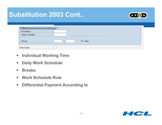 Substitution 2003 Cont..
Individual Working Time
Daily Work Schedule
- 45 -
Daily Work Schedule
Breaks
Work Schedule Rule
Differential Payment According to
 