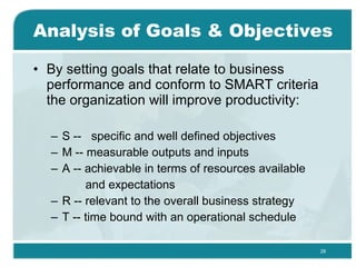 Analysis of Goals & Objectives By setting goals that relate to business performance and conform to SMART criteria the organization will improve productivity: S --  specific and well defined objectives M -- measurable outputs and inputs  A -- achievable in terms of resources available   and expectations R -- relevant to the overall business strategy T -- time bound with an operational schedule 