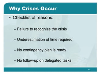 Why Crises Occur Checklist of reasons: Failure to recognize the crisis  Underestimation of time required  No contingency plan is ready  No follow-up on delegated tasks  