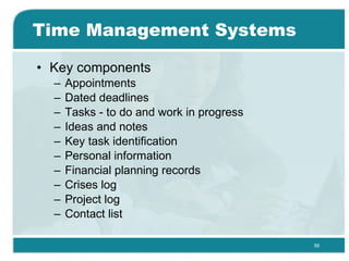 Time Management Systems Key components Appointments Dated deadlines Tasks - to do and work in progress Ideas and notes Key task identification Personal information Financial planning records Crises log Project log Contact list 