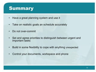Summary Have a great planning system and use it  Take on realistic goals an schedule accurately  Do not over-commit  Set and agree priorities to distinguish between urgent and important tasks  Build in some flexibility to cope with anything  unexpected   Control your documents, workspace and phone  