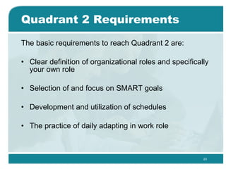 Quadrant 2 Requirements <ul><li>The basic requirements to reach Quadrant 2 are: </li></ul><ul><li>Clear definition of orga...