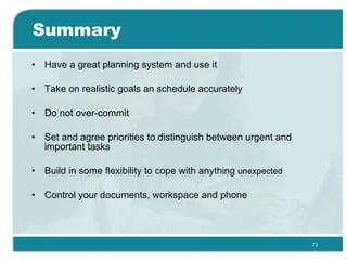 Summary <ul><li>Have a great planning system and use it  </li></ul><ul><li>Take on realistic goals an schedule accurately ...