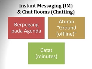 Instant Messaging (IM) & Chat Rooms (Chatting) 
Berpegang pada Agenda 
Aturan “Ground (offline)” 
Catat (minutes)  