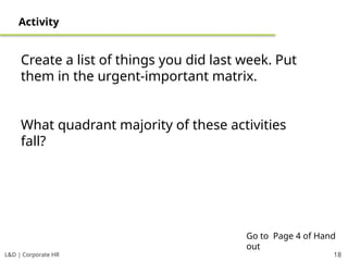 L&D | Corporate HR 18
Activity
Create a list of things you did last week. Put
them in the urgent-important matrix.
What quadrant majority of these activities
fall?
Go to Page 4 of Hand
out
 